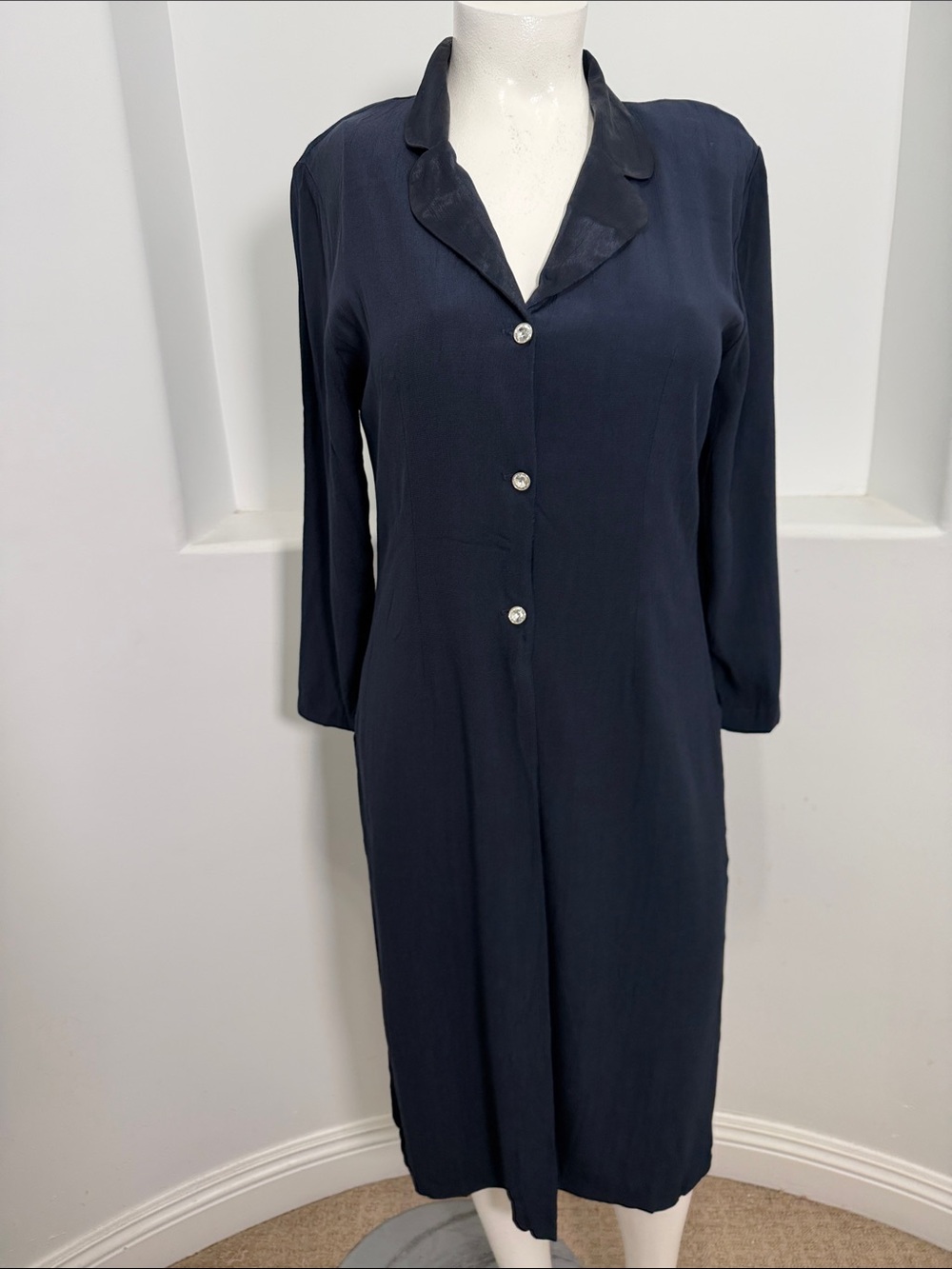 Wild Rose Vintage Relaxed Navy Long-Sleeve Button-Front Duster Shirt Dress 12